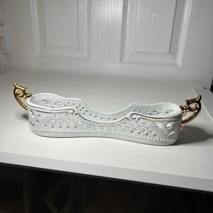 Museum ReCreations Porcelain‎ Flatware Caddy Silverware 24kt Gold Trim 10.75"L